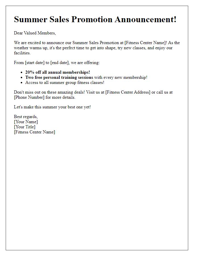 Letter template of Summer Sales Promotion Announcement for Fitness Centers