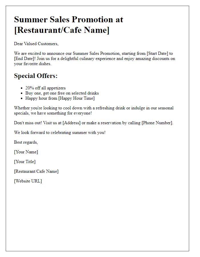 Letter template of Summer Sales Promotion Announcement for Restaurants and Cafes