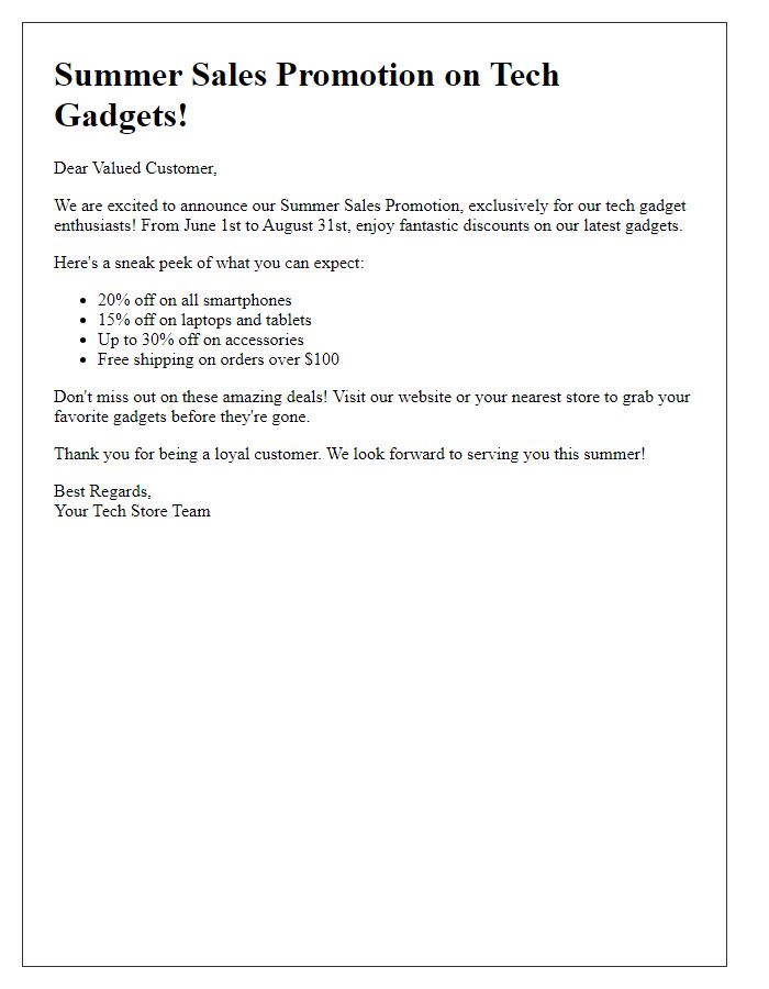 Letter template of Summer Sales Promotion Announcement for Tech Gadgets