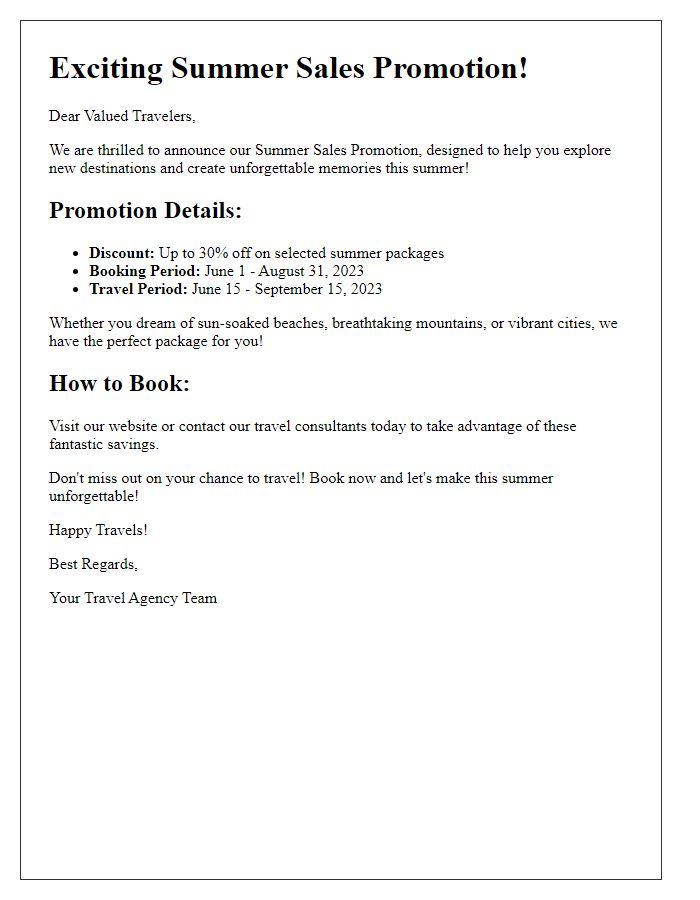 Letter template of Summer Sales Promotion Announcement for Travel Agencies