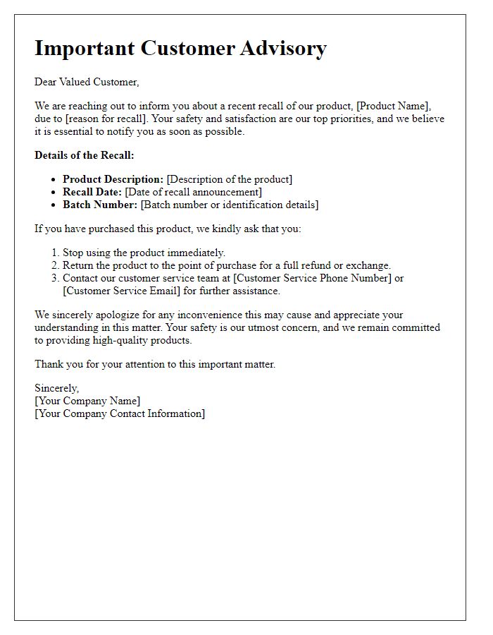 Letter template of customer advisory on recent product recall