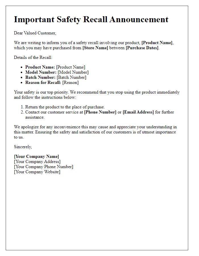 Letter template of customer safety product recall announcement