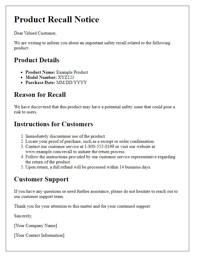 Letter template of detailed product recall instructions for customers