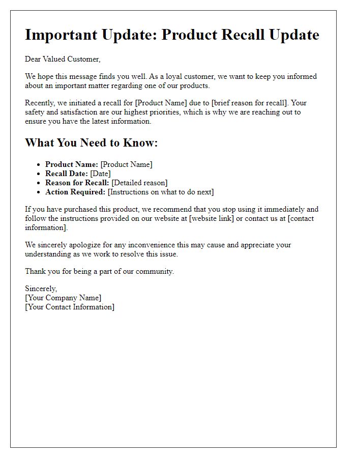 Letter template of official product recall update for loyal customers