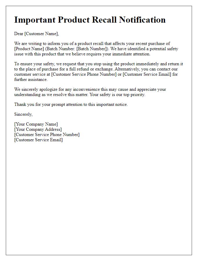 Letter template of product recall notification for affected customers