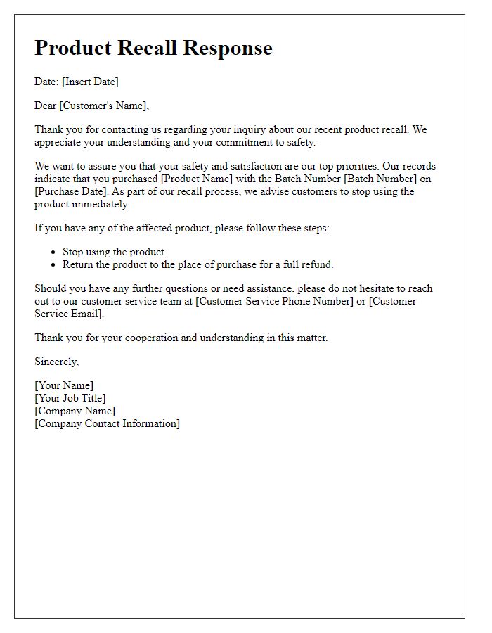 Letter template of product recall response for customer inquiries