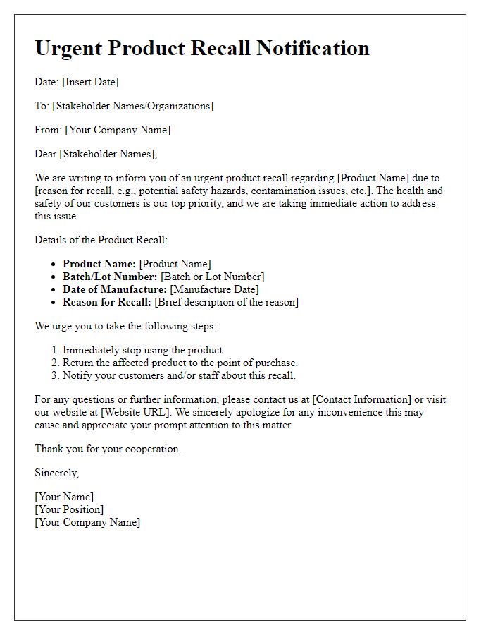 Letter template of urgent product recall alert for stakeholders