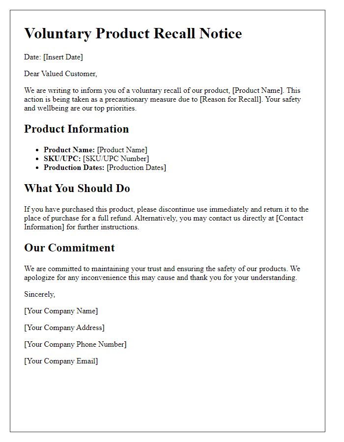 Letter template of voluntary product recall information for consumers