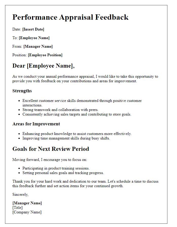 Letter template of retail associate appraisal feedback.