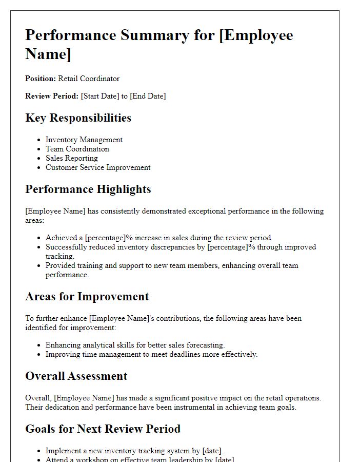 Letter template of retail coordinator performance summary.