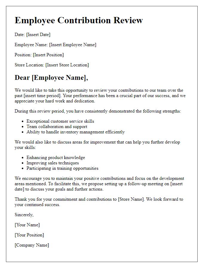 Letter template of retail employee contribution review.