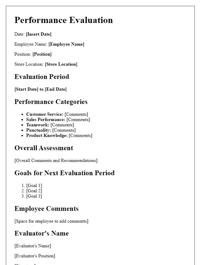 Letter template of retail employee performance evaluation.