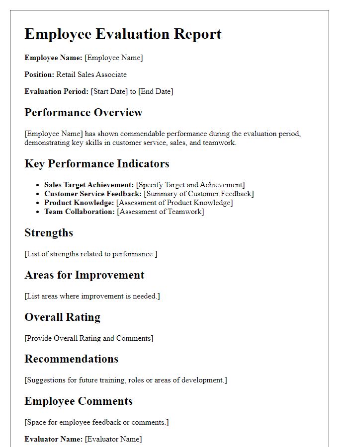 Letter template of retail sales employee evaluation report.