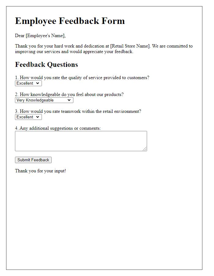 Letter template of retail service employee feedback form.