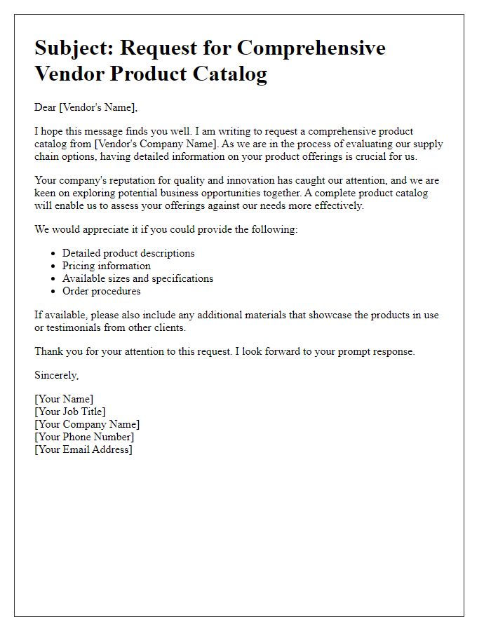 Letter template of appeal for comprehensive vendor product catalog