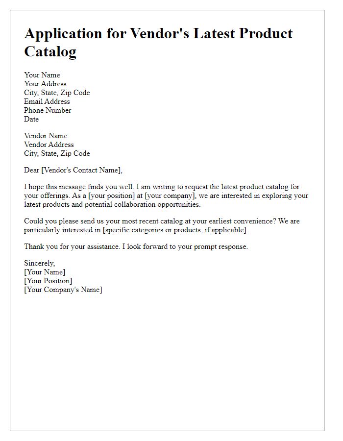 Letter template of application for vendor's latest product catalog