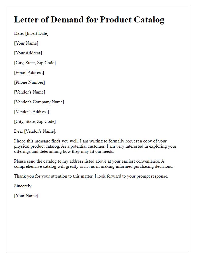 Letter template of demand for physical vendor product catalog