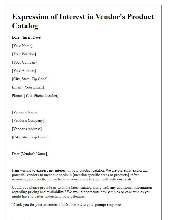 Letter template of express interest in vendor's product catalog