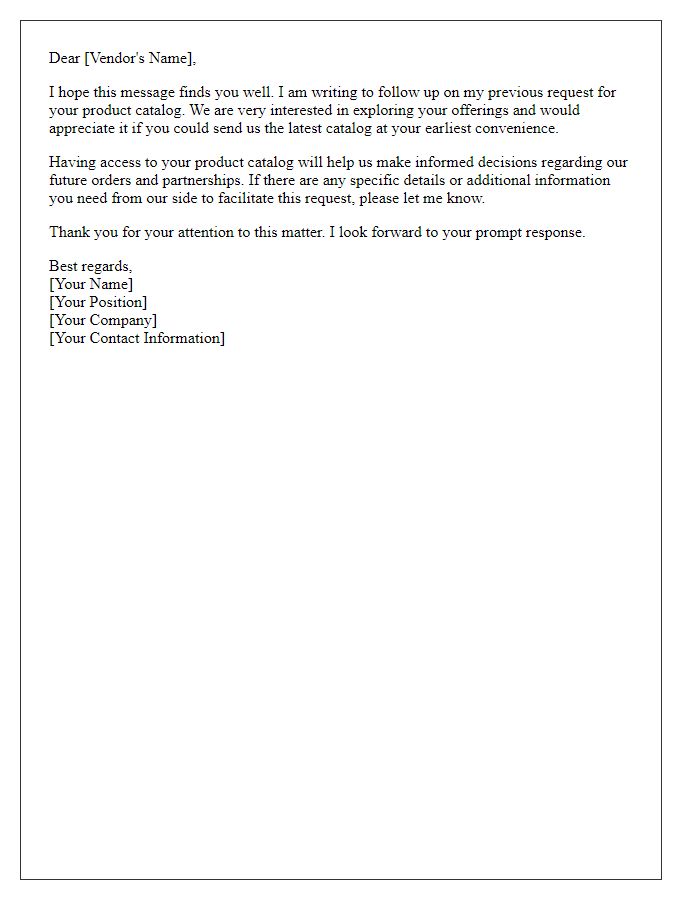 Letter template of follow-up request for vendor product catalog