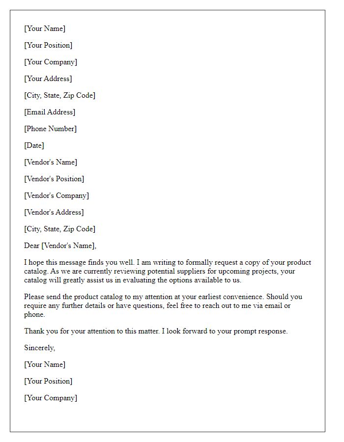 Letter template of formal request for product catalog from vendor