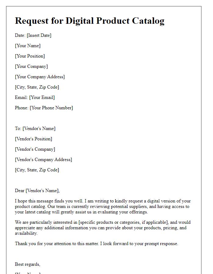 Letter template of request for digital vendor product catalog