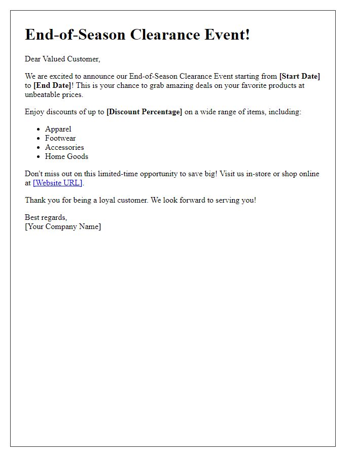 Letter template of end-of-season clearance event