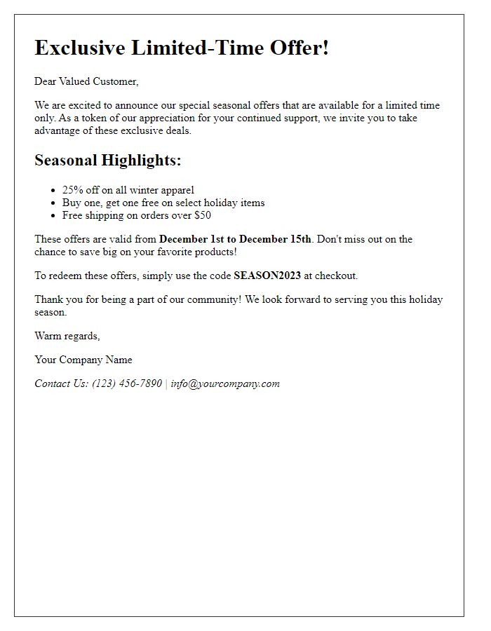 Letter template of limited-time seasonal offers