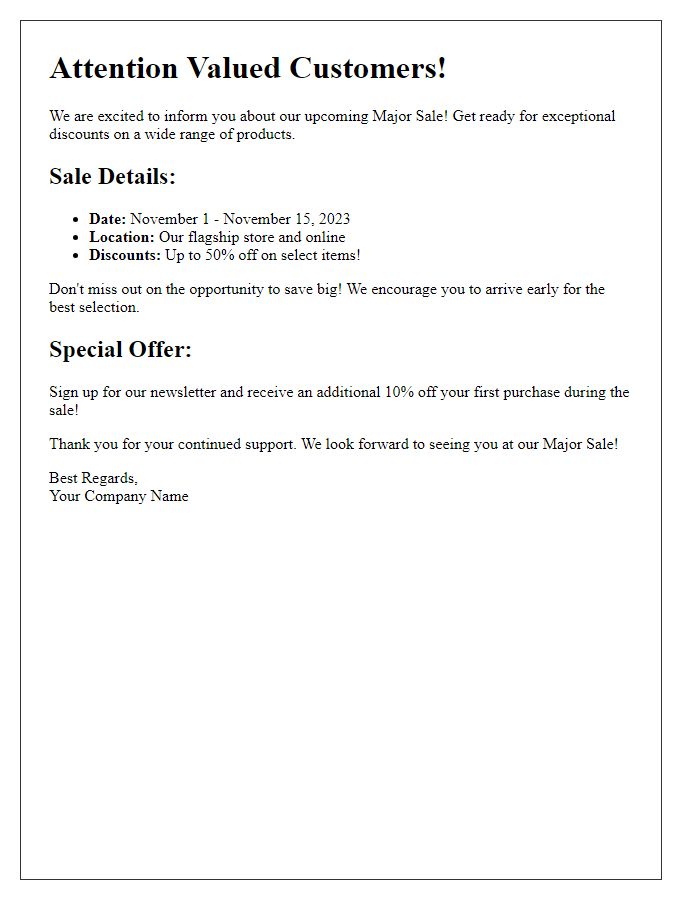 Letter template of major sale notification