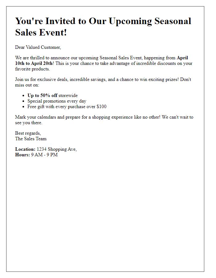 Letter template of upcoming seasonal sales event