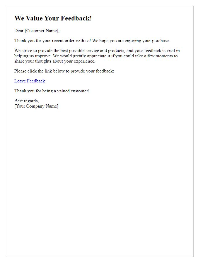 Letter template of feedback invitation after your recent order.