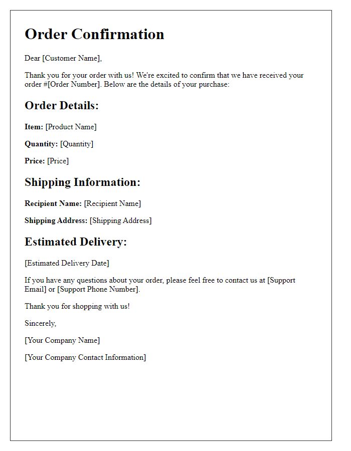 Letter template of Confirmation Email for Your Online Order