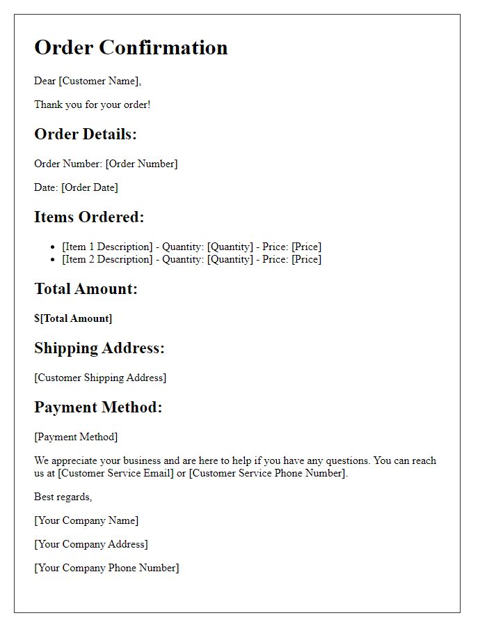 Letter template of Online Order Confirmation and Receipt