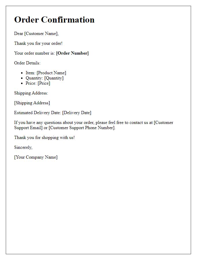 Letter template of Order Confirmation Notification for Online Shopping