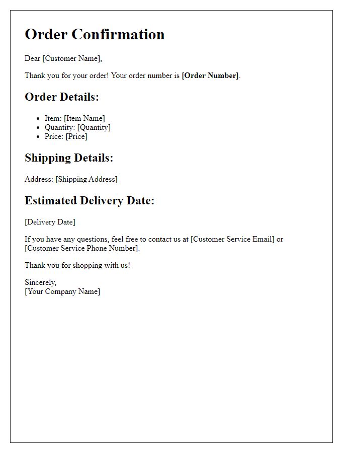 Letter template of Order Confirmation for Online Purchase