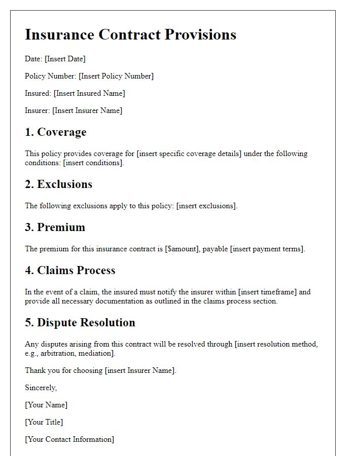 Letter template of insurance contract provisions