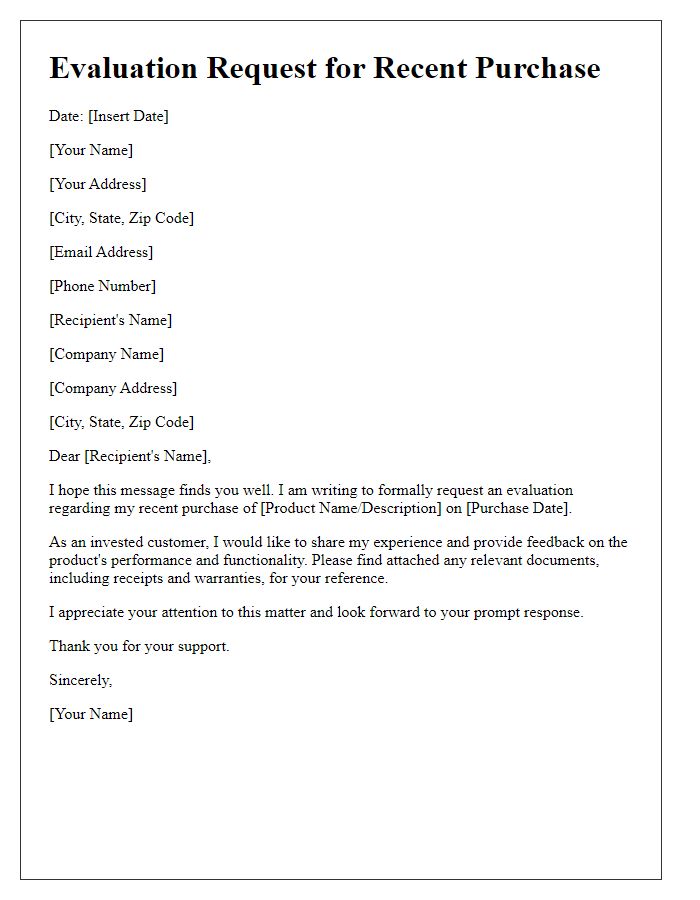 Letter template of evaluation request for recent purchase