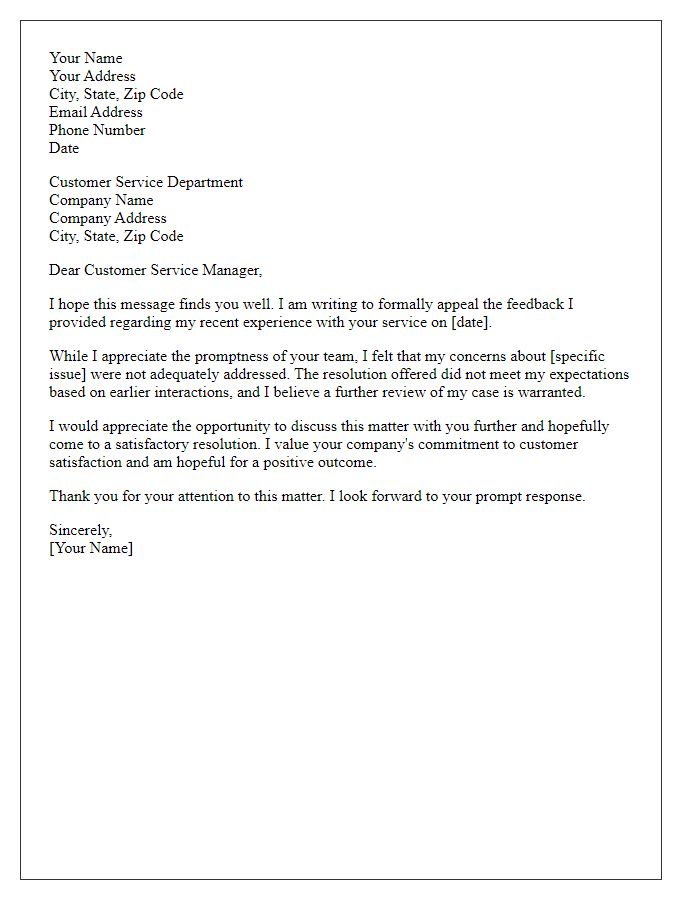 Letter template of service feedback appeal