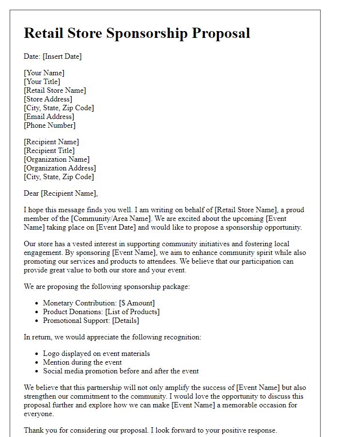 Letter template of retail store sponsorship proposal for community events.