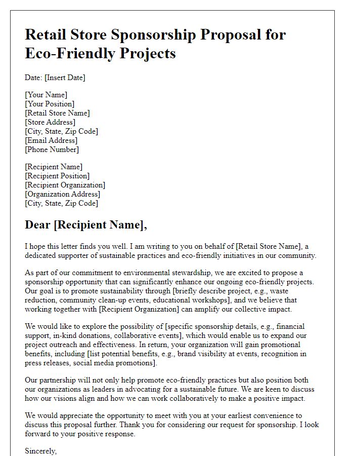 Letter template of retail store sponsorship proposal for eco-friendly projects.