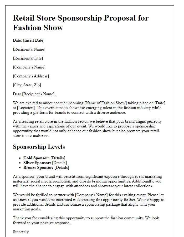 Letter template of retail store sponsorship proposal for fashion shows.