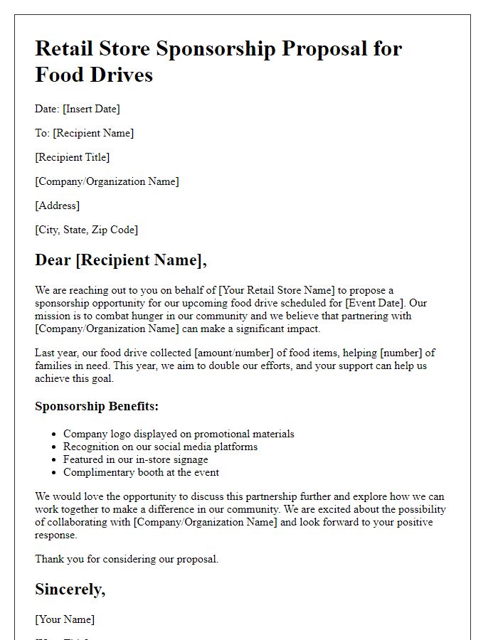 Letter template of retail store sponsorship proposal for food drives.