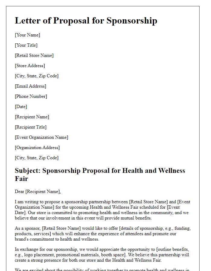 Letter template of retail store sponsorship proposal for health and wellness fairs.