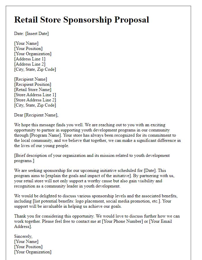 Letter template of retail store sponsorship proposal for youth development programs.