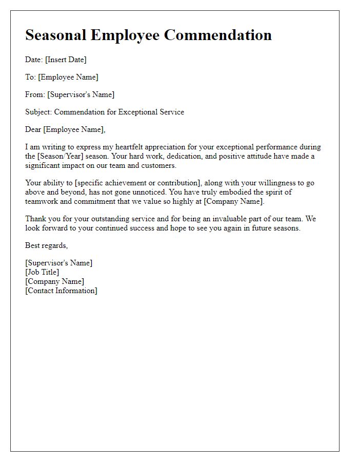 Letter template of Seasonal Employee Commendation