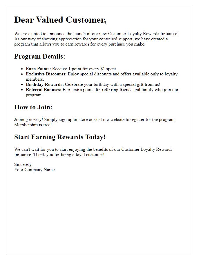 Letter template of details for our new customer loyalty rewards initiative.