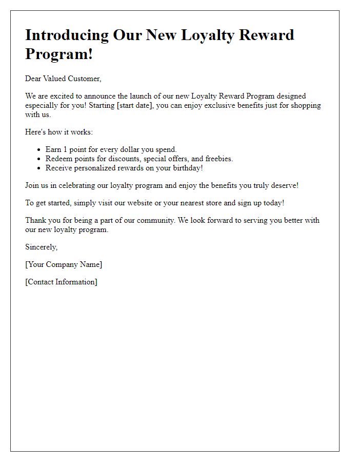 Letter template of an introductory loyalty reward program announcement.