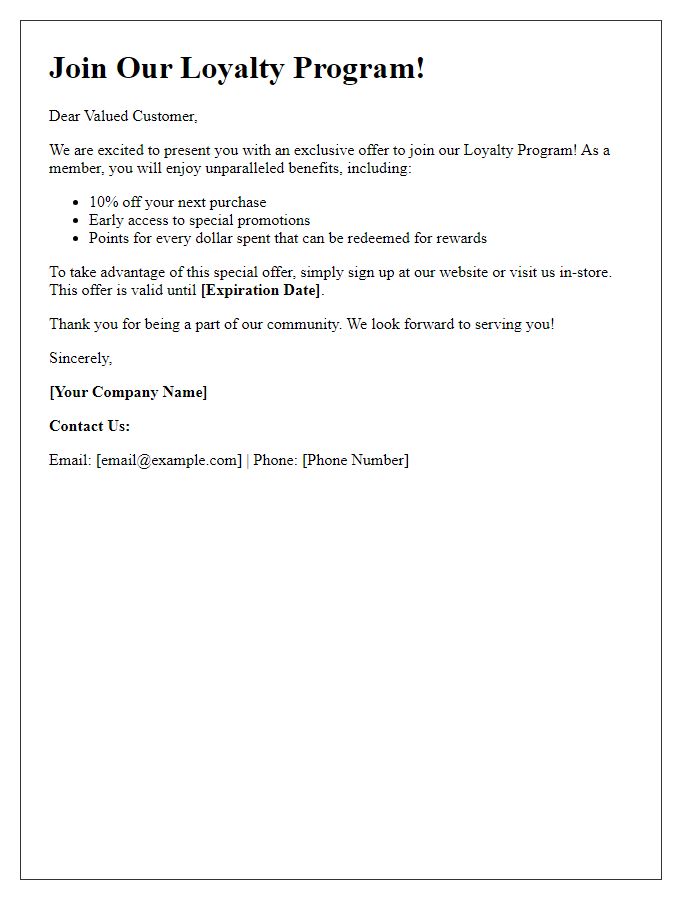 Letter template of a special offer for joining our loyalty program.