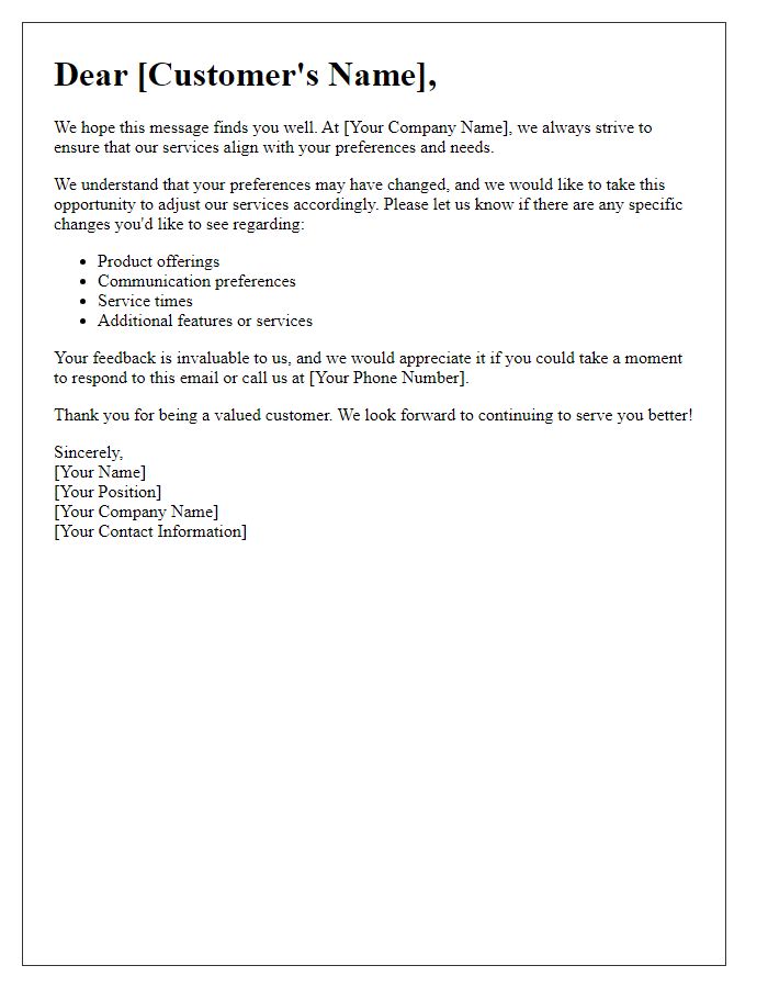 Letter template of outreach for customer preference adjustments