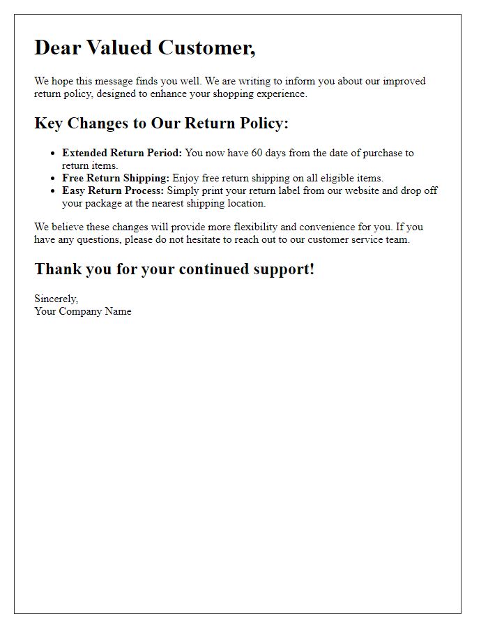 Letter template of improved return policy explanation