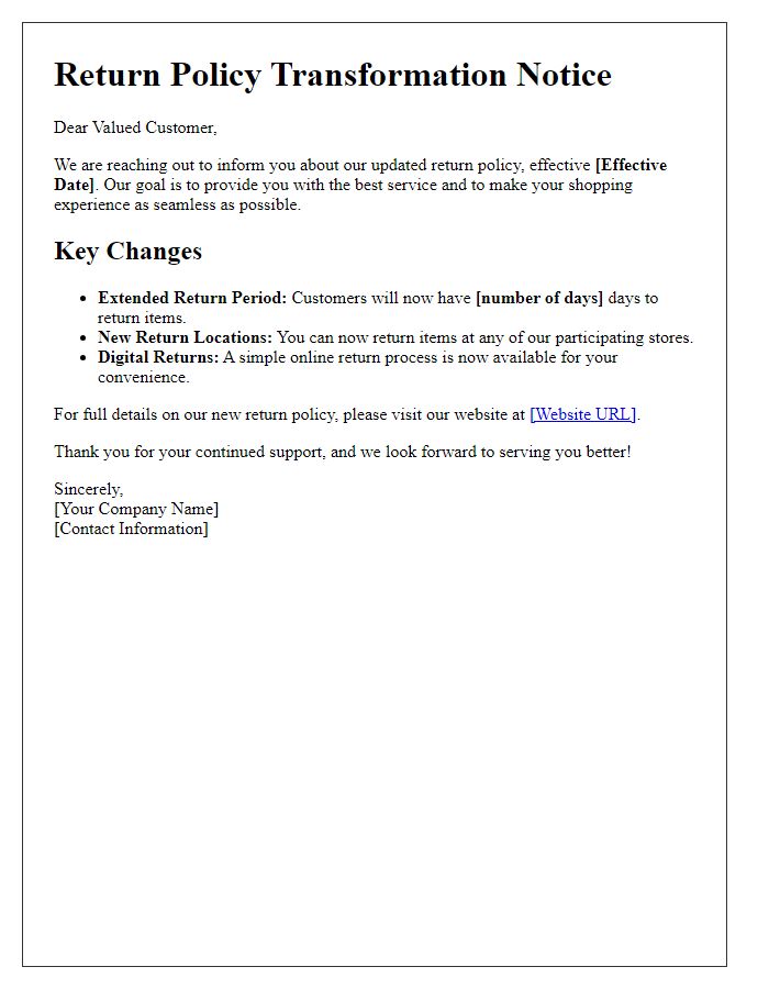Letter template of return policy transformation notice